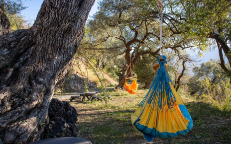 Sillas colgantes en uno de los bancales